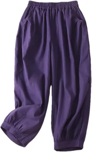 Deepsko Women's Spring and Summer Cotton and Linen Cropped Loose Elastic Waist Harem Pants Purple