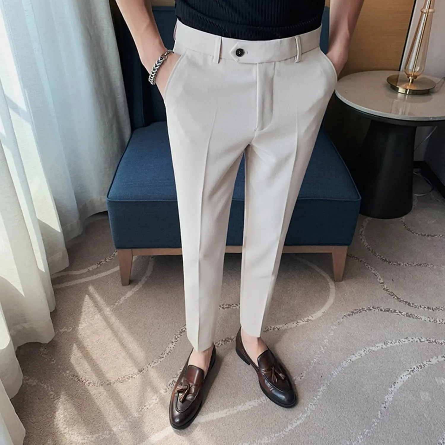 DGHM-JLMY Men's Summer Thin British Cropped Pants Slim Fit Ankle-Length Dress Pants Stretch Cropped Skinny Pants