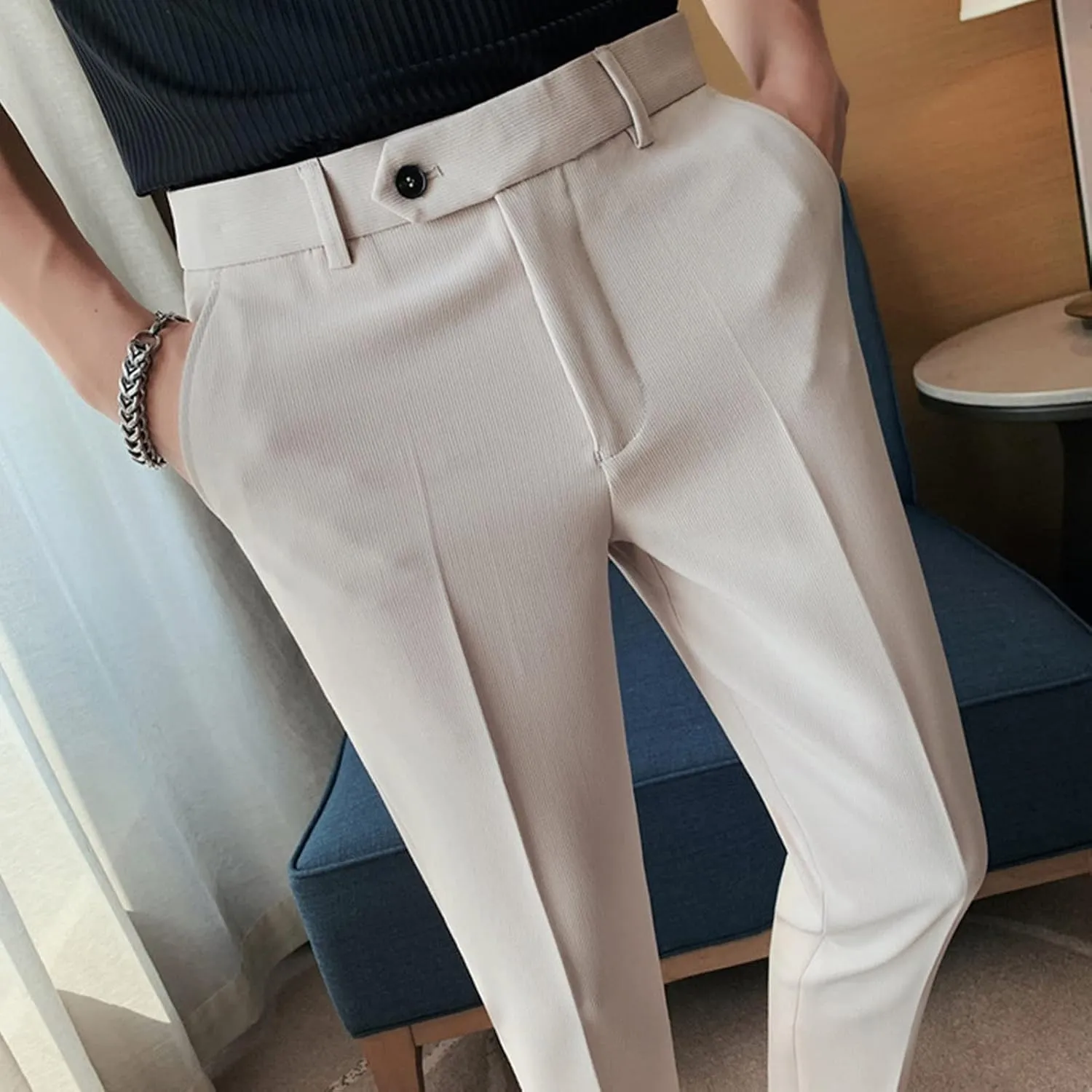 DGHM-JLMY Men's Summer Thin British Cropped Pants Slim Fit Ankle-Length Dress Pants Stretch Cropped Skinny Pants