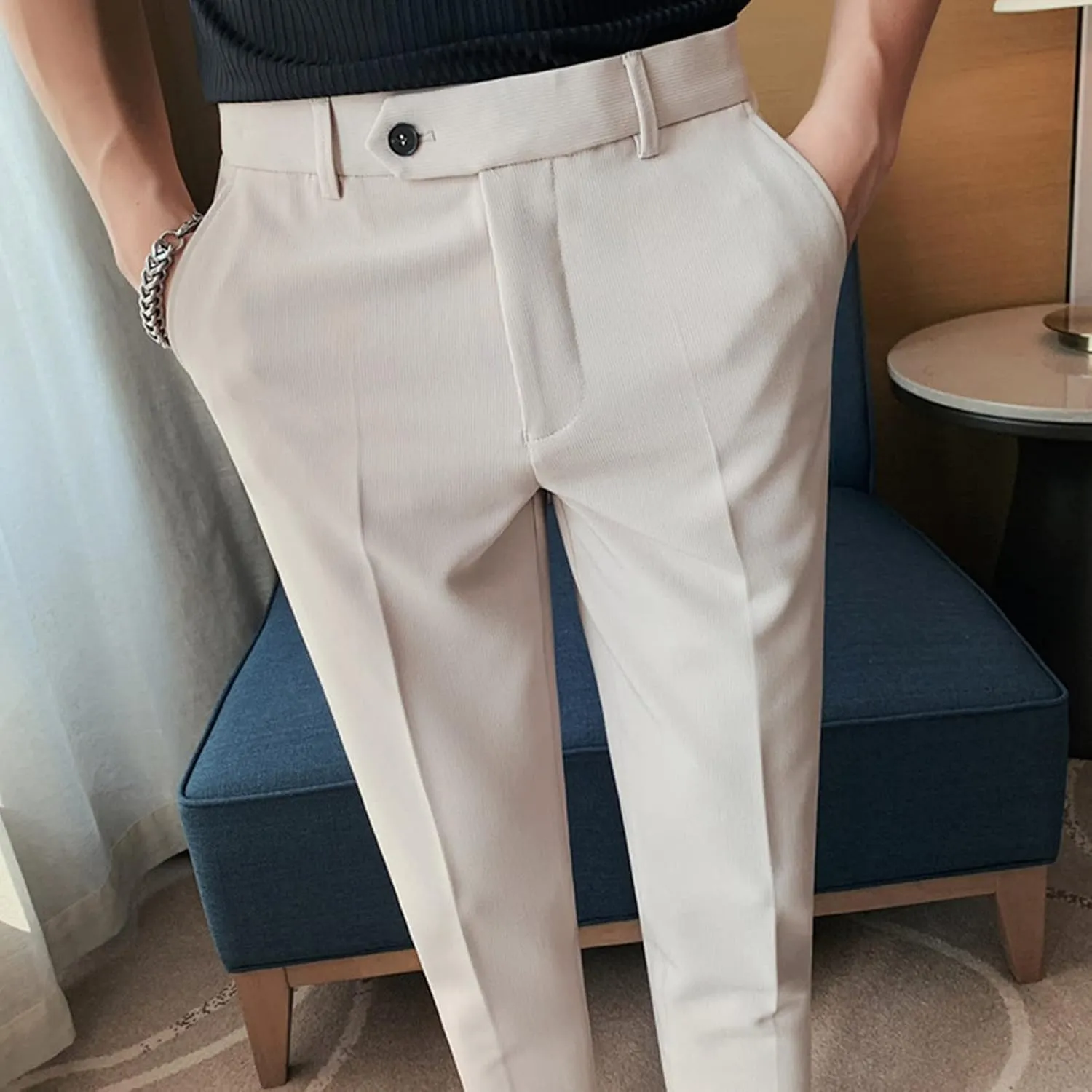DGHM-JLMY Men's Summer Thin British Cropped Pants Slim Fit Ankle-Length Dress Pants Stretch Cropped Skinny Pants