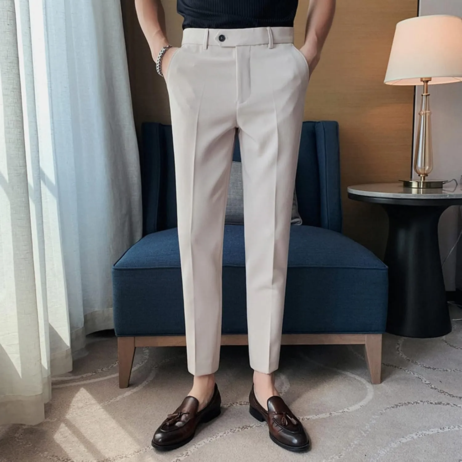 DGHM-JLMY Men's Summer Thin British Cropped Pants Slim Fit Ankle-Length Dress Pants Stretch Cropped Skinny Pants