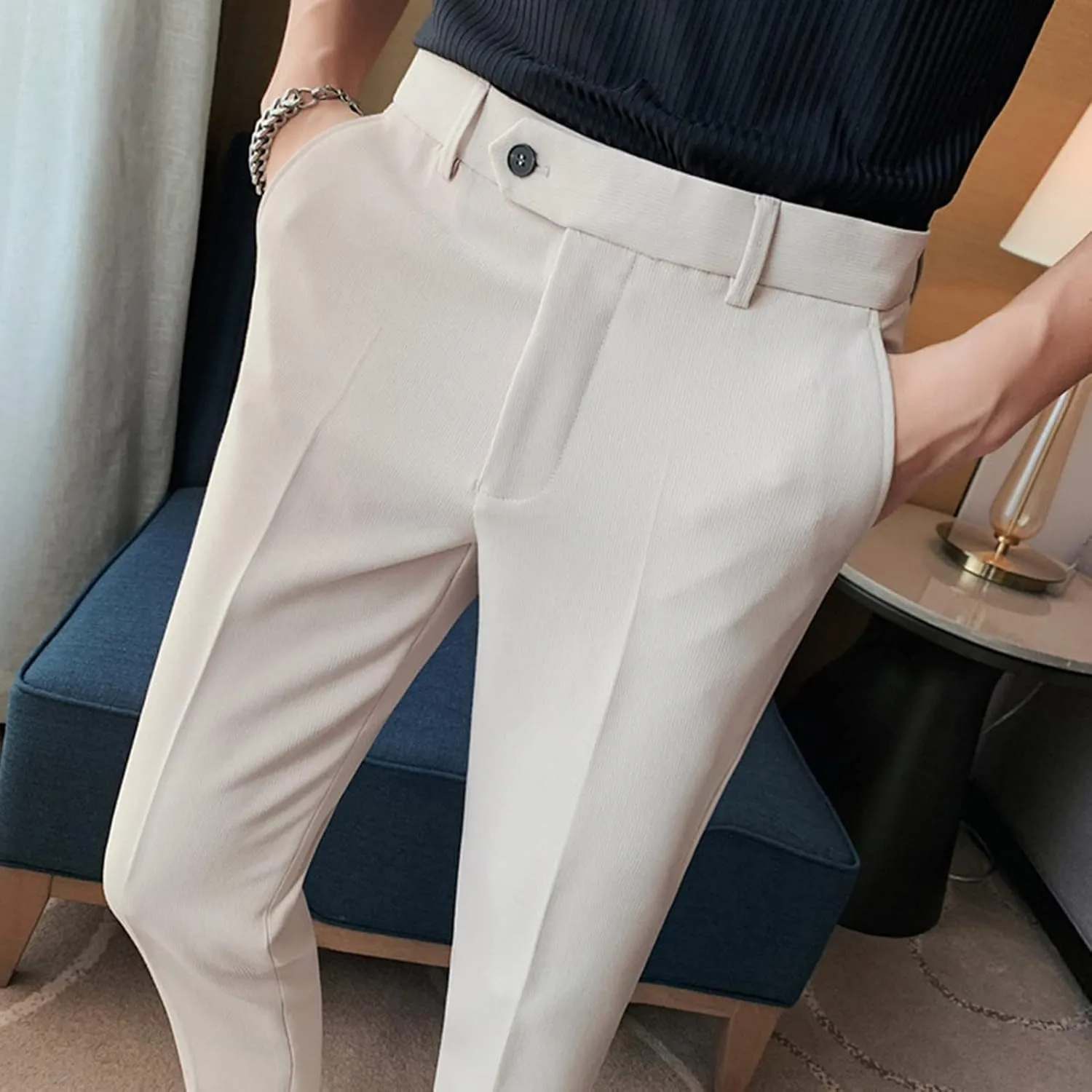 DGHM-JLMY Men's Summer Thin British Cropped Pants Slim Fit Ankle-Length Dress Pants Stretch Cropped Skinny Pants