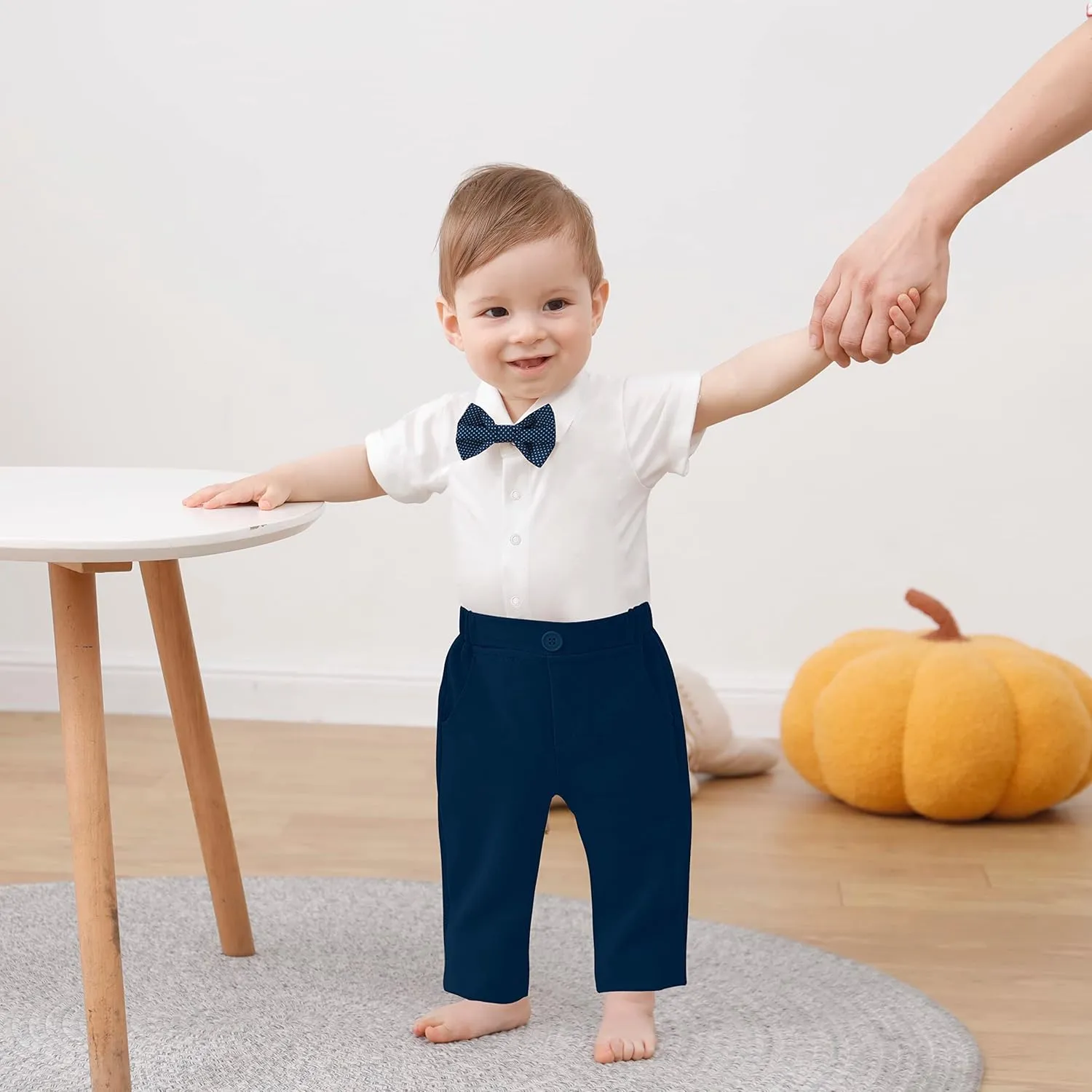 DISAUR Baby Boy Clothes Toddler Boy Outfits 4PCS Gentleman Dress Romper/Vest/Pants/Bow Tie Cotton Suit Sets