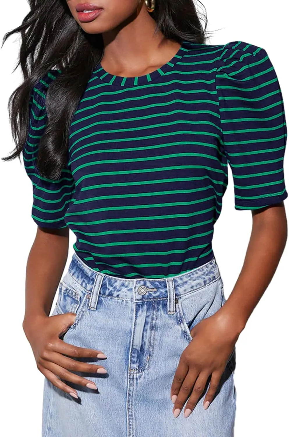 Dokotoo Women's Casual Short Puff Sleeve Crew Neck Striped T Shirts Summer Tops