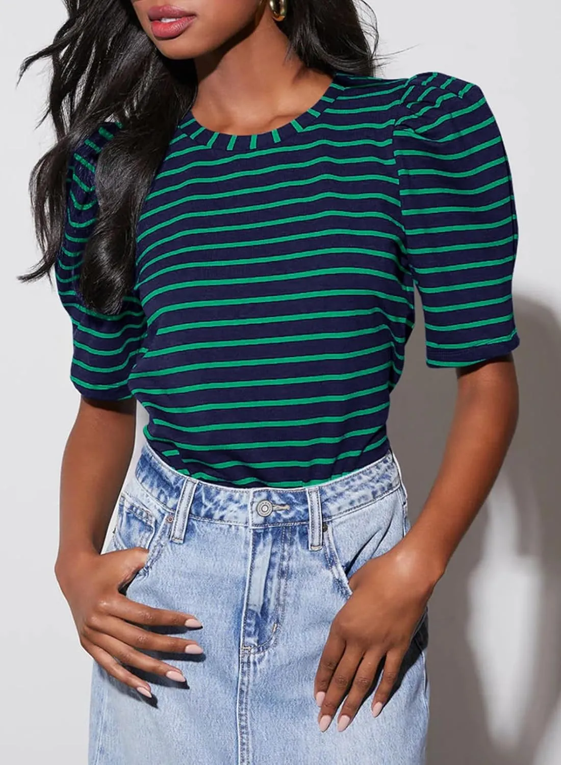 Dokotoo Women's Casual Short Puff Sleeve Crew Neck Striped T Shirts Summer Tops