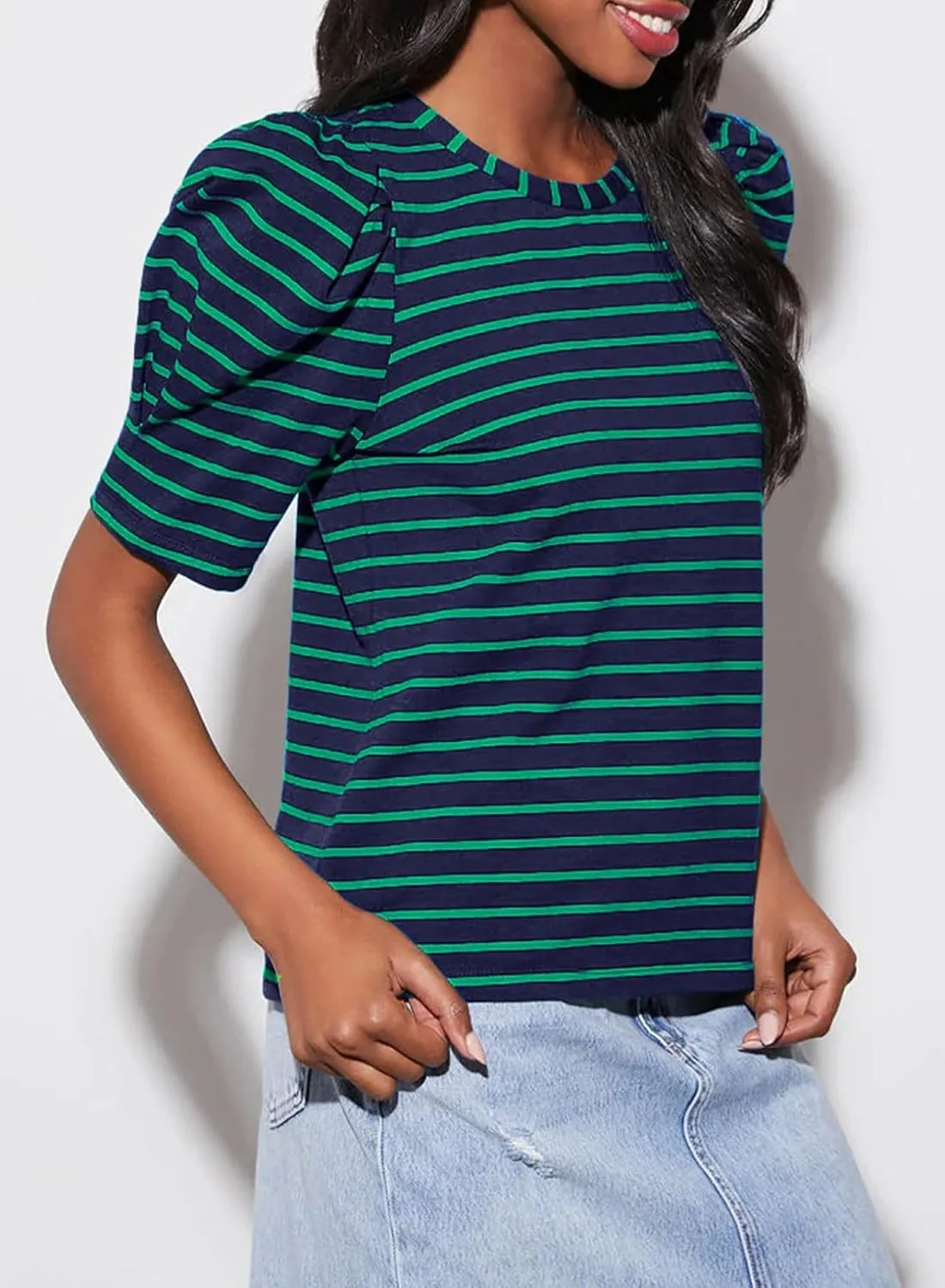 Dokotoo Women's Casual Short Puff Sleeve Crew Neck Striped T Shirts Summer Tops