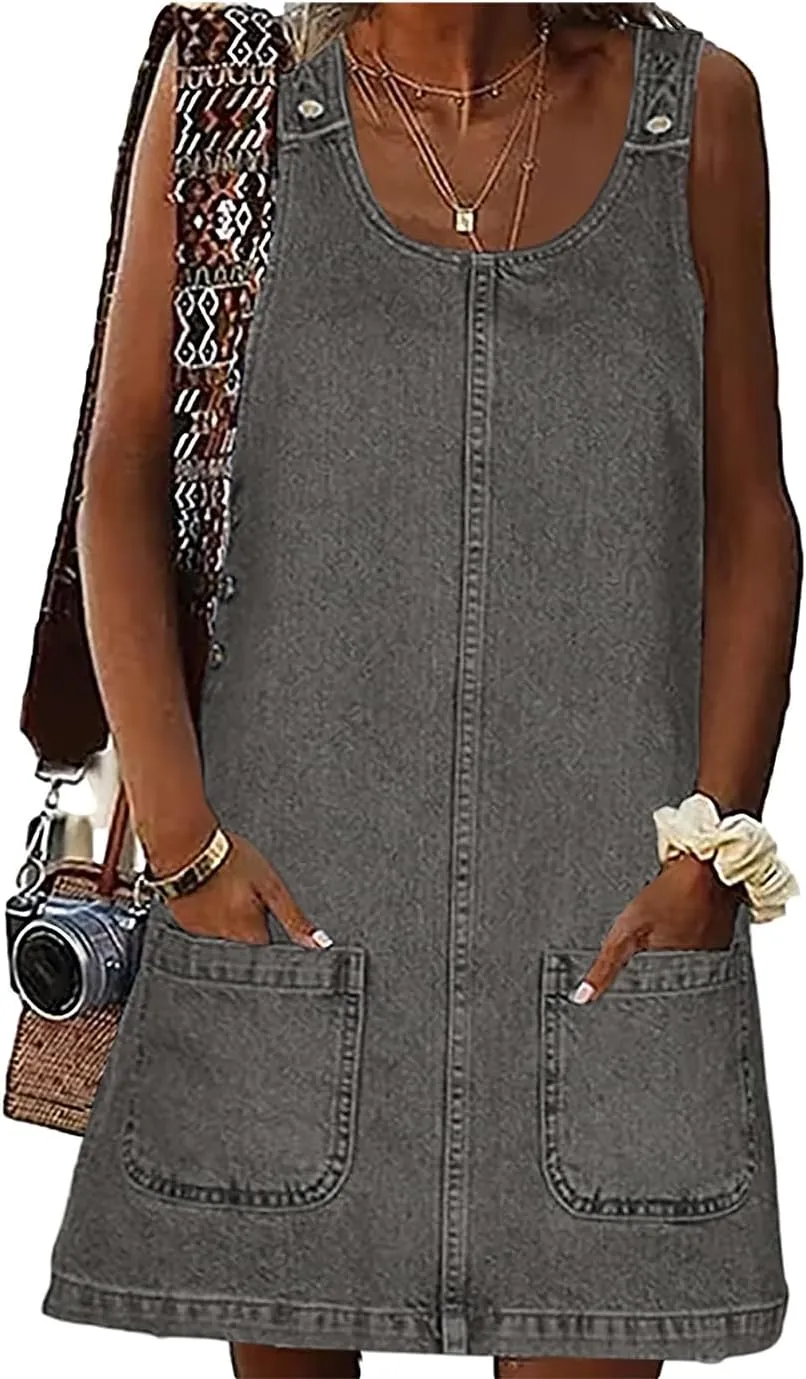 ebossy Women's Vintage Distressed Sleeveless Baggy Loose Denim Mini Dress with Pocket