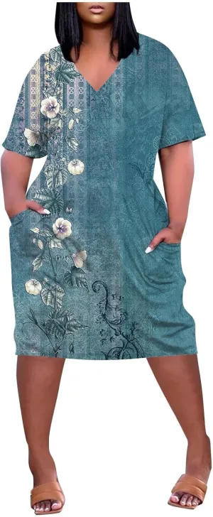 Eduavar Midi Dresses for Women 2024, Plus Size Summer Dresses for Women Lightweight V Neck Short Sleeve Floral Print Dress