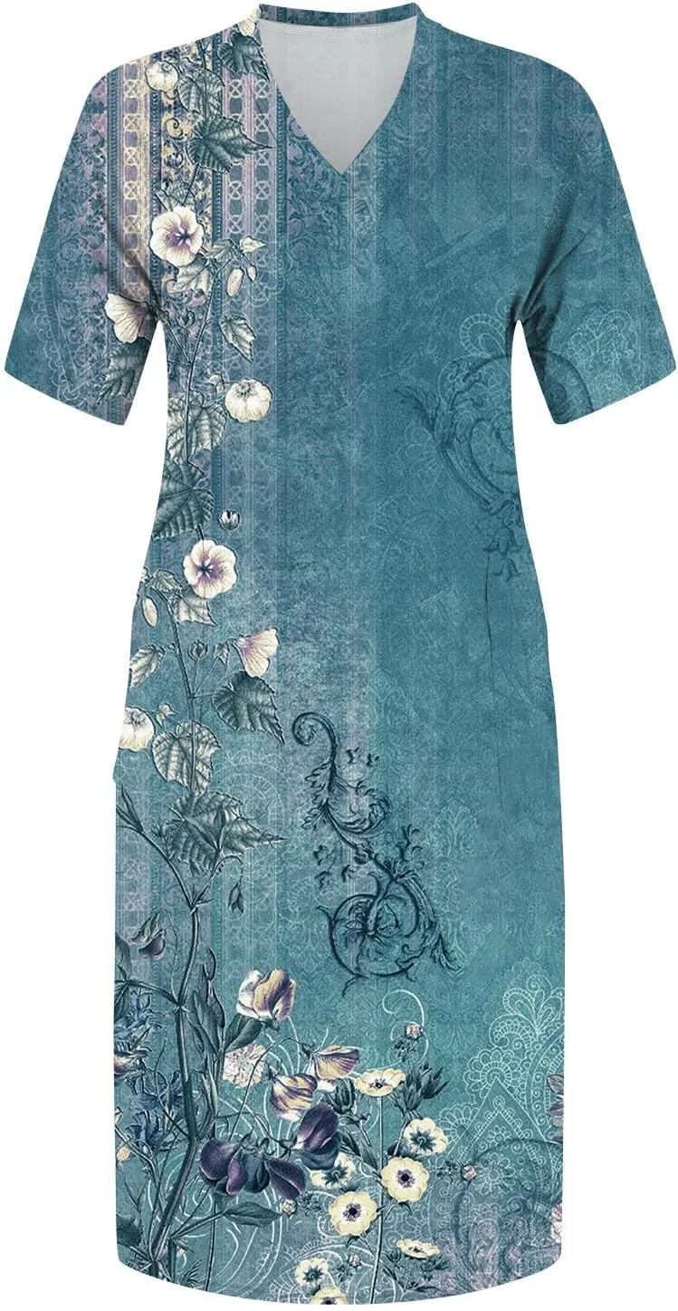 Eduavar Midi Dresses for Women 2024, Plus Size Summer Dresses for Women Lightweight V Neck Short Sleeve Floral Print Dress