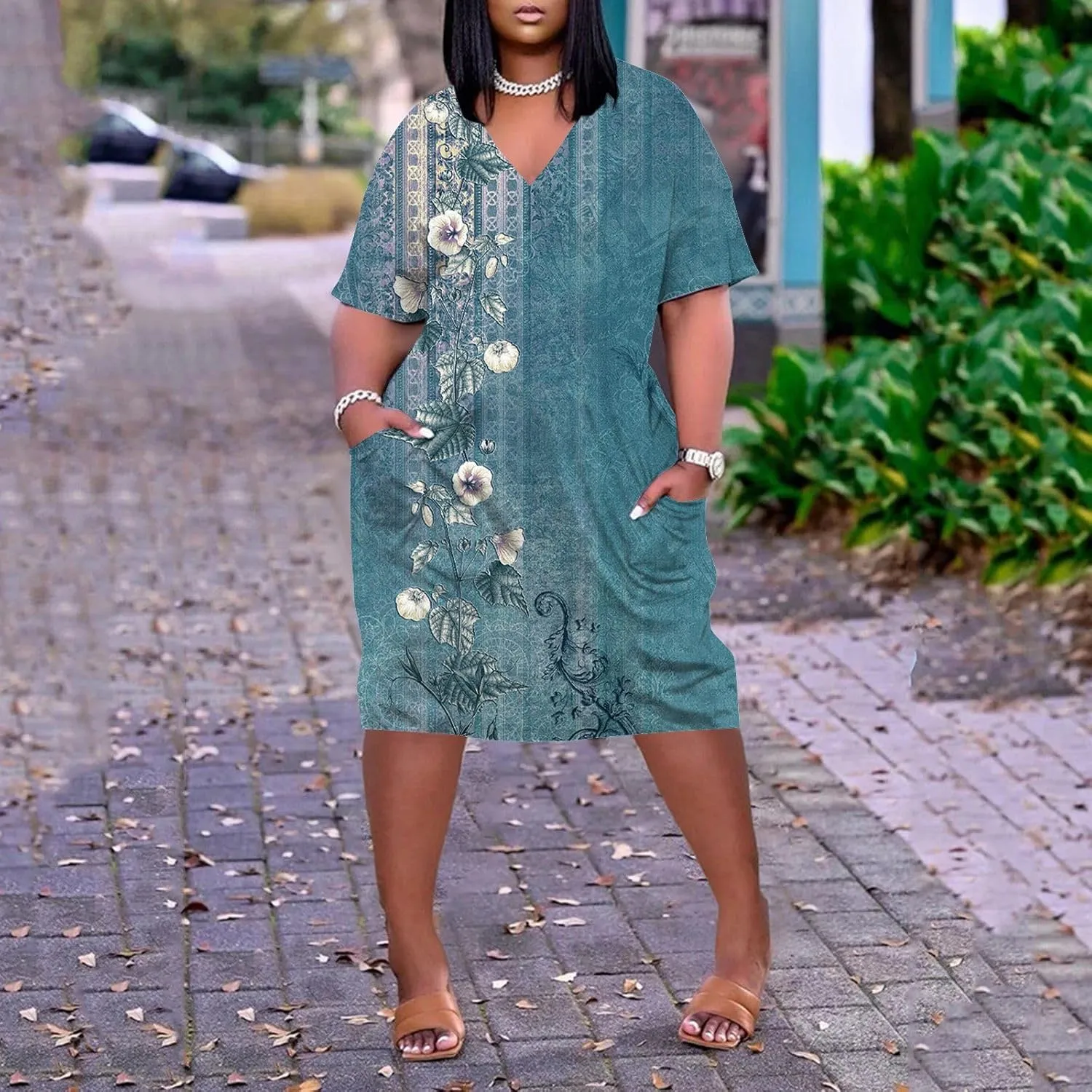 Eduavar Midi Dresses for Women 2024, Plus Size Summer Dresses for Women Lightweight V Neck Short Sleeve Floral Print Dress