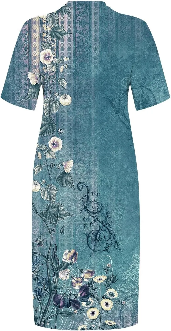 Eduavar Midi Dresses for Women 2024, Plus Size Summer Dresses for Women Lightweight V Neck Short Sleeve Floral Print Dress