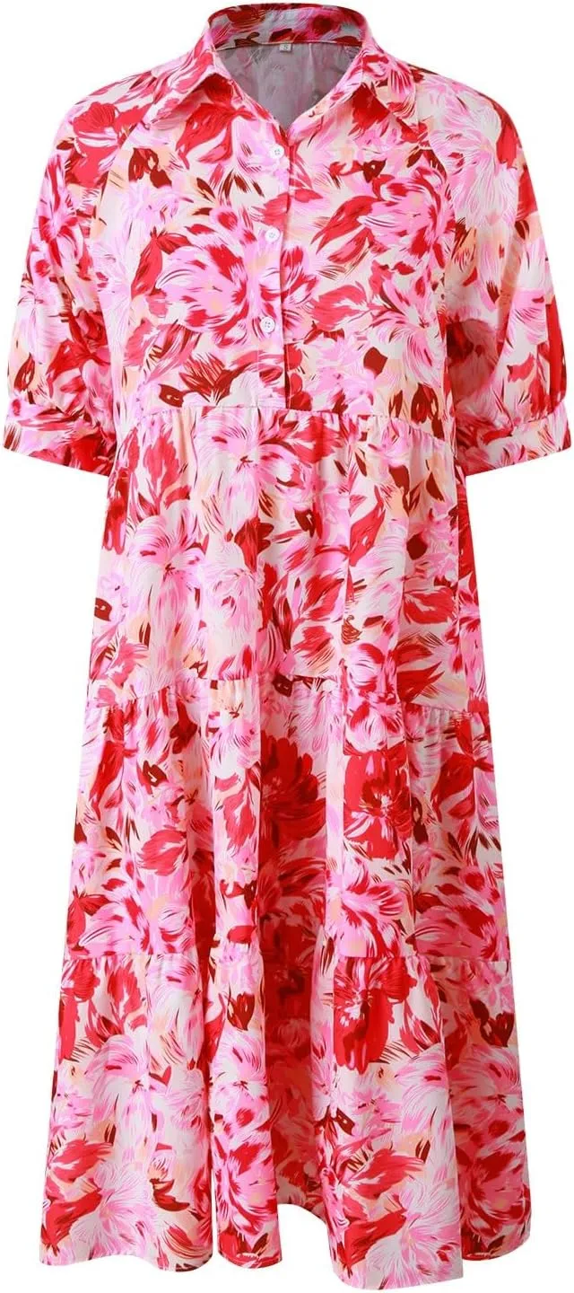 Eduavar Midi Dresses for Women 2024 Summer Elegant Dresses for Women Floral Print Short Sleeve Flowy Midi Dress with Pockets