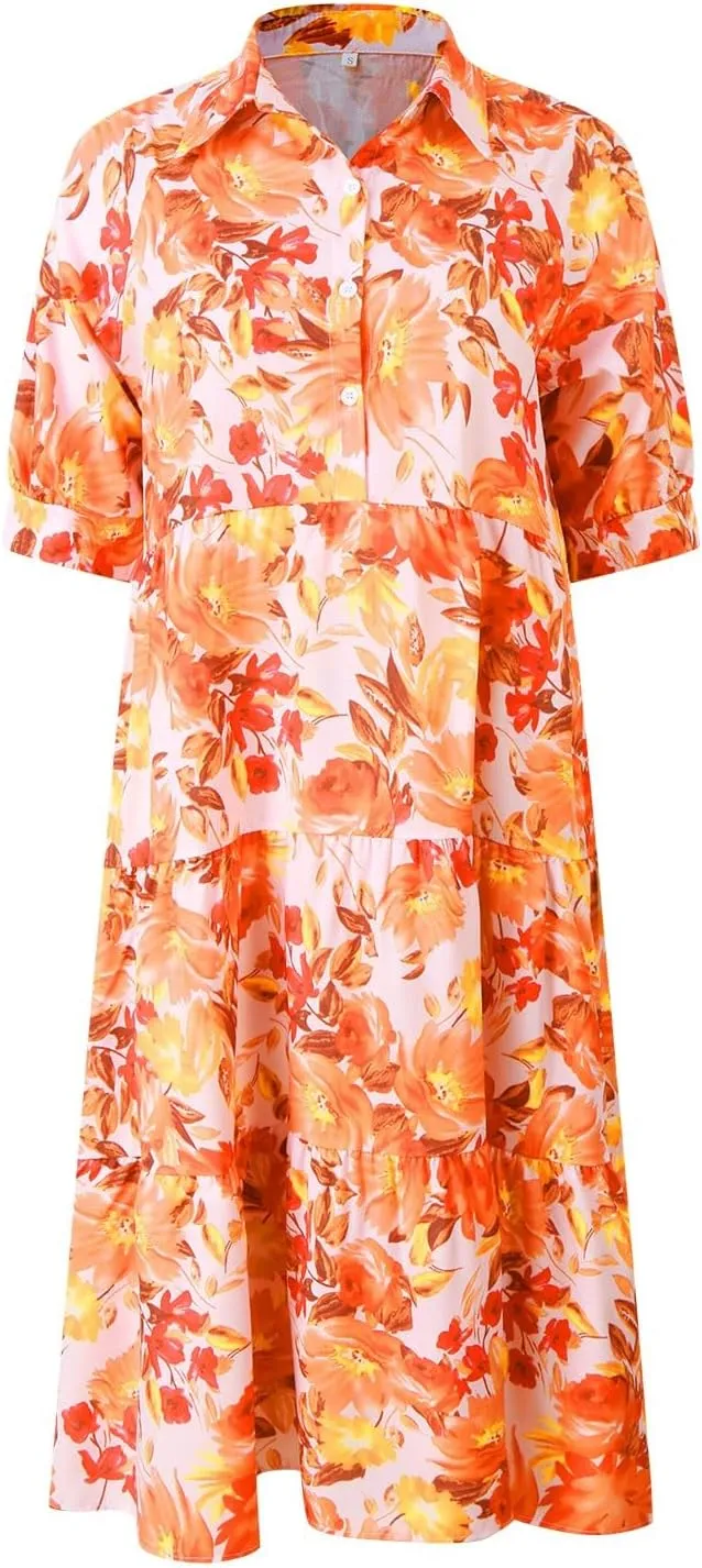 Eduavar Midi Dresses for Women 2024 Summer Elegant Dresses for Women Floral Print Short Sleeve Flowy Midi Dress with Pockets