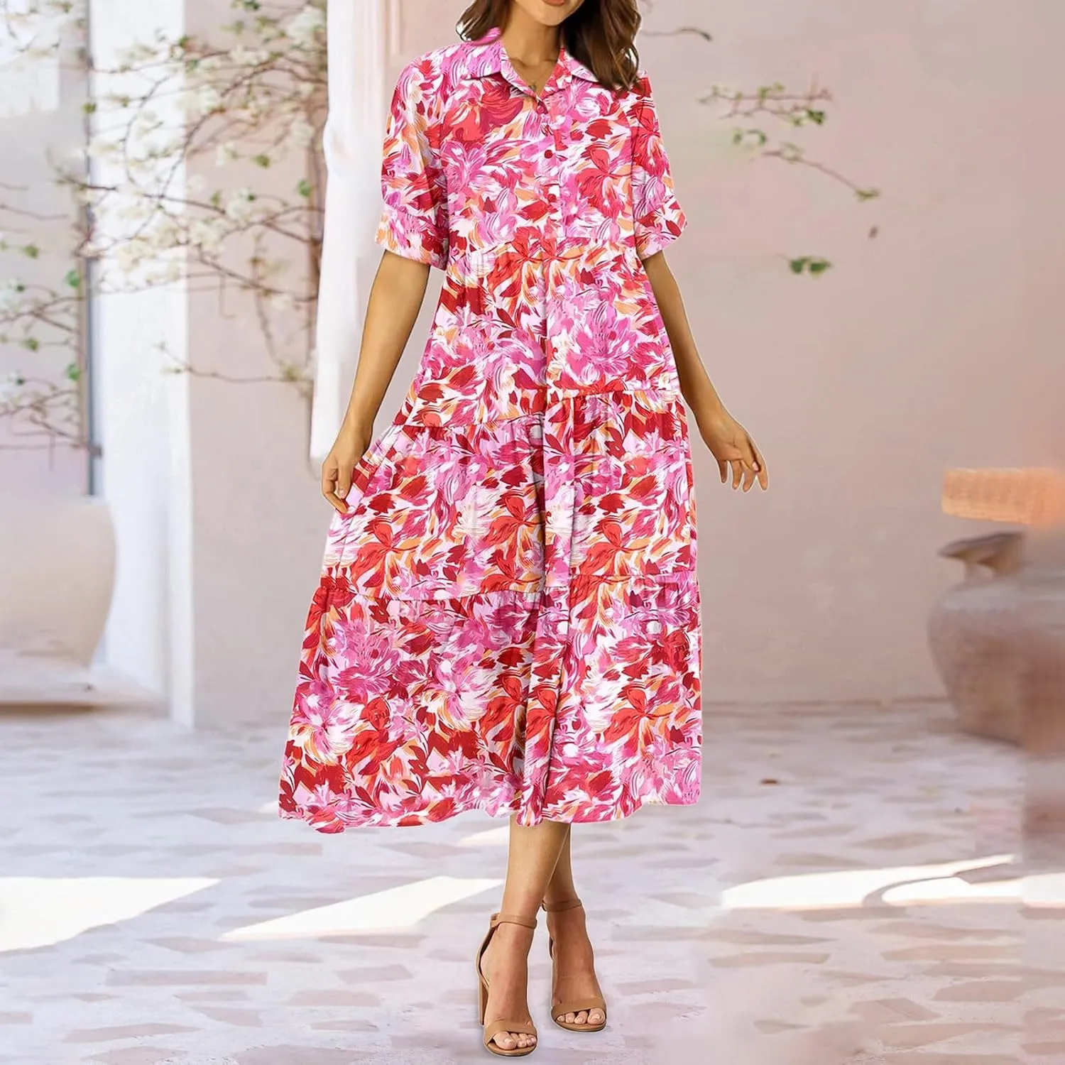 Eduavar Midi Dresses for Women 2024 Summer Elegant Dresses for Women Floral Print Short Sleeve Flowy Midi Dress with Pockets