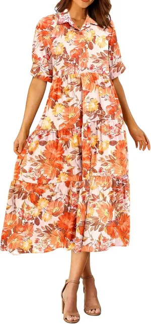 Eduavar Midi Dresses for Women 2024 Summer Elegant Dresses for Women Floral Print Short Sleeve Flowy Midi Dress with Pockets