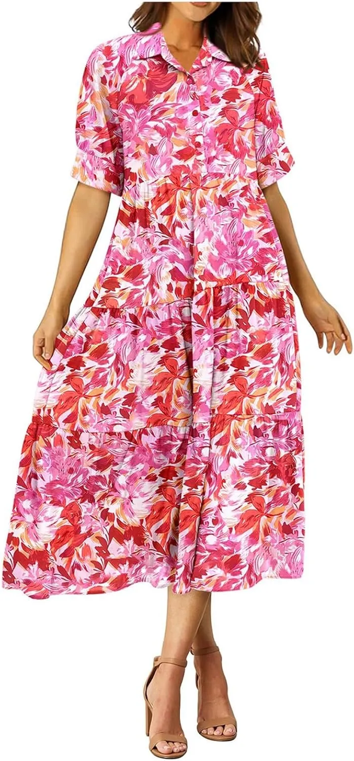 Eduavar Midi Dresses for Women 2024 Summer Elegant Dresses for Women Floral Print Short Sleeve Flowy Midi Dress with Pockets