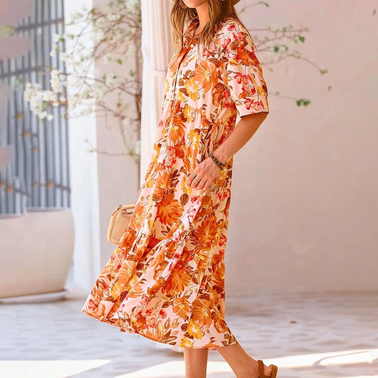 Eduavar Midi Dresses for Women 2024 Summer Elegant Dresses for Women Floral Print Short Sleeve Flowy Midi Dress with Pockets