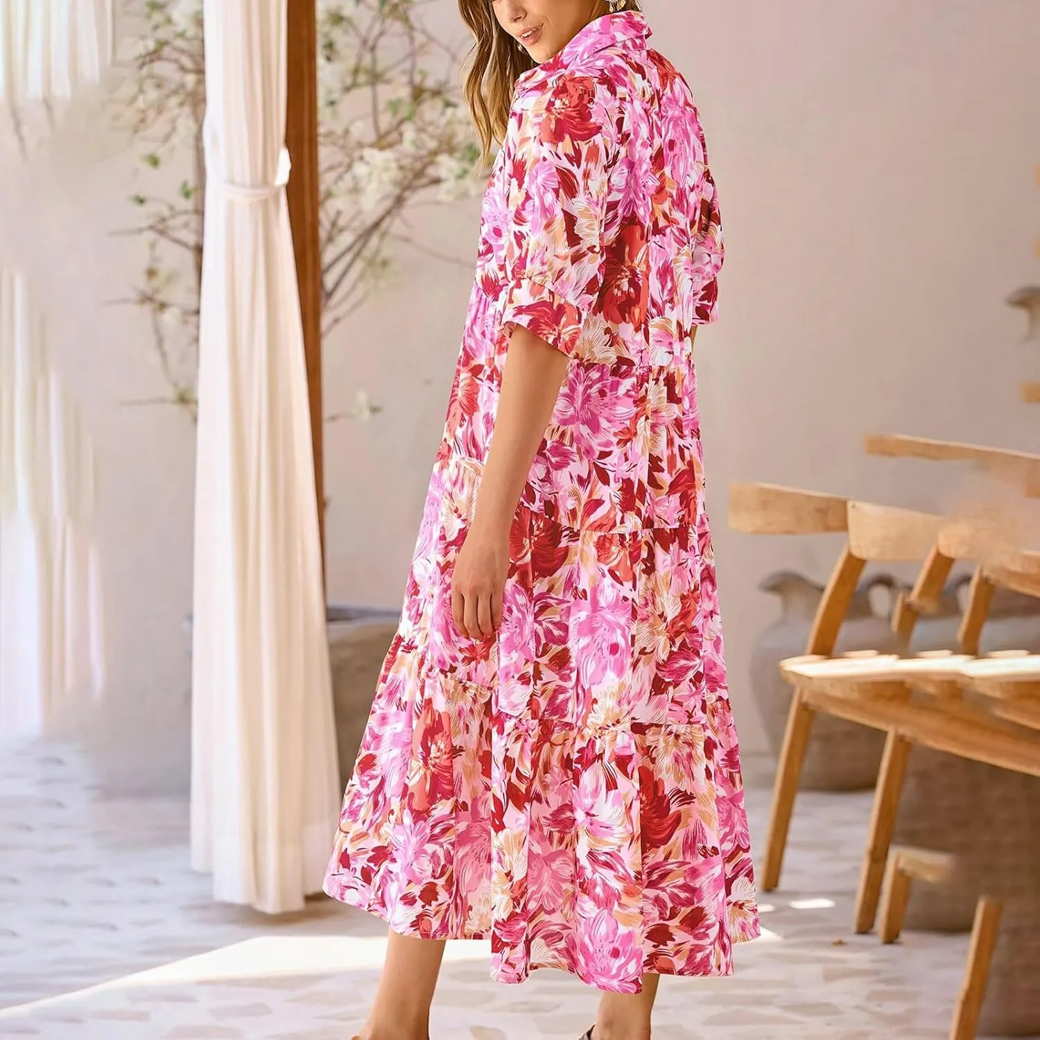 Eduavar Midi Dresses for Women 2024 Summer Elegant Dresses for Women Floral Print Short Sleeve Flowy Midi Dress with Pockets