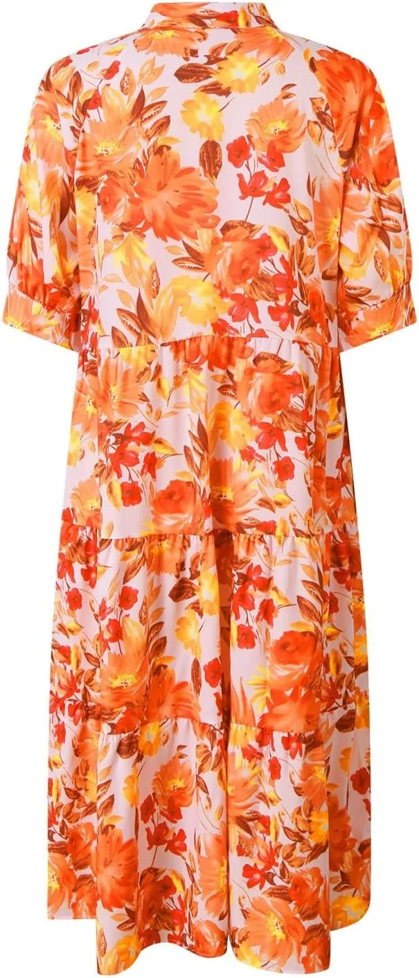 Eduavar Midi Dresses for Women 2024 Summer Elegant Dresses for Women Floral Print Short Sleeve Flowy Midi Dress with Pockets