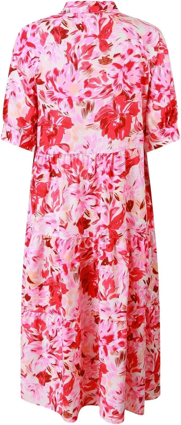 Eduavar Midi Dresses for Women 2024 Summer Elegant Dresses for Women Floral Print Short Sleeve Flowy Midi Dress with Pockets