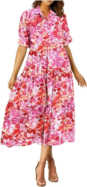 Eduavar Midi Dresses for Women 2024 Summer Elegant Dresses for Women Floral Print Short Sleeve Flowy Midi Dress with Pockets