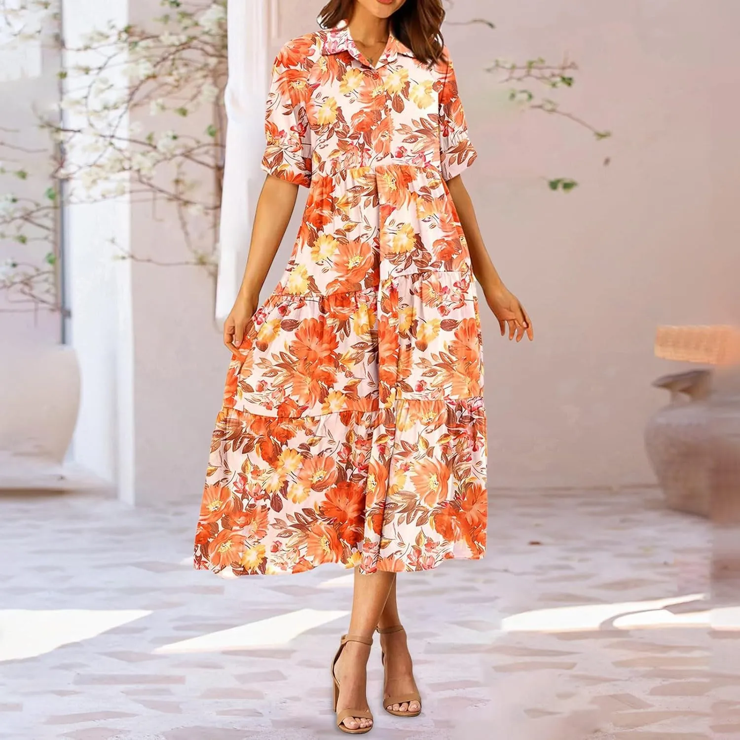 Eduavar Midi Dresses for Women 2024 Summer Elegant Dresses for Women Floral Print Short Sleeve Flowy Midi Dress with Pockets