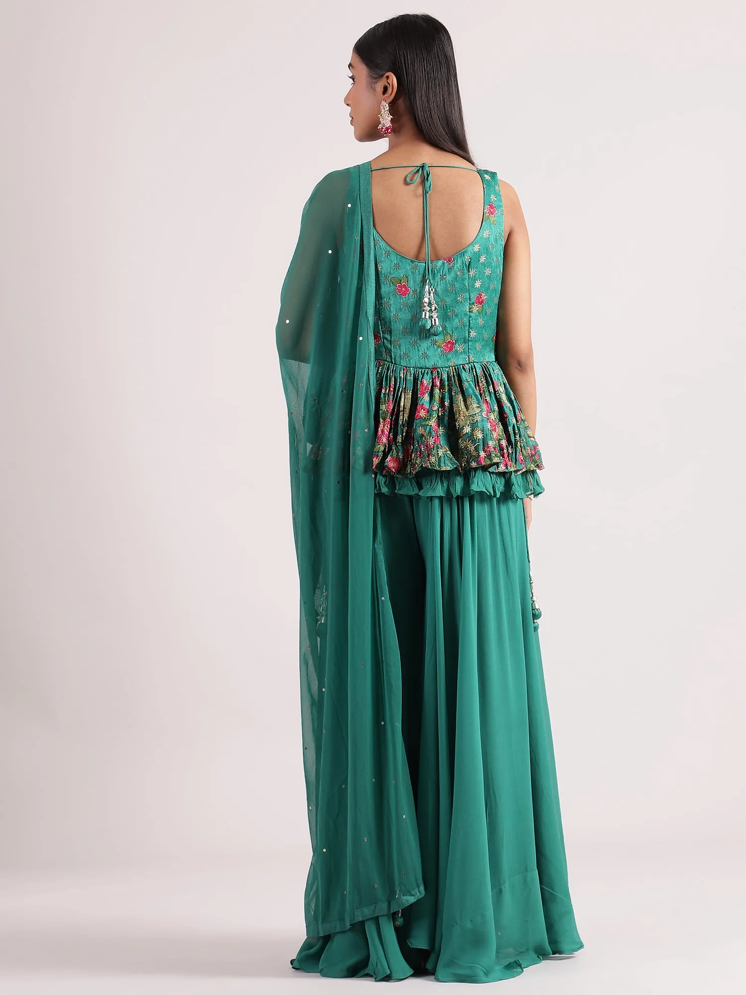 Elegant Dark Pistachio Peplum Palazzo Set with Sequence Embroidery