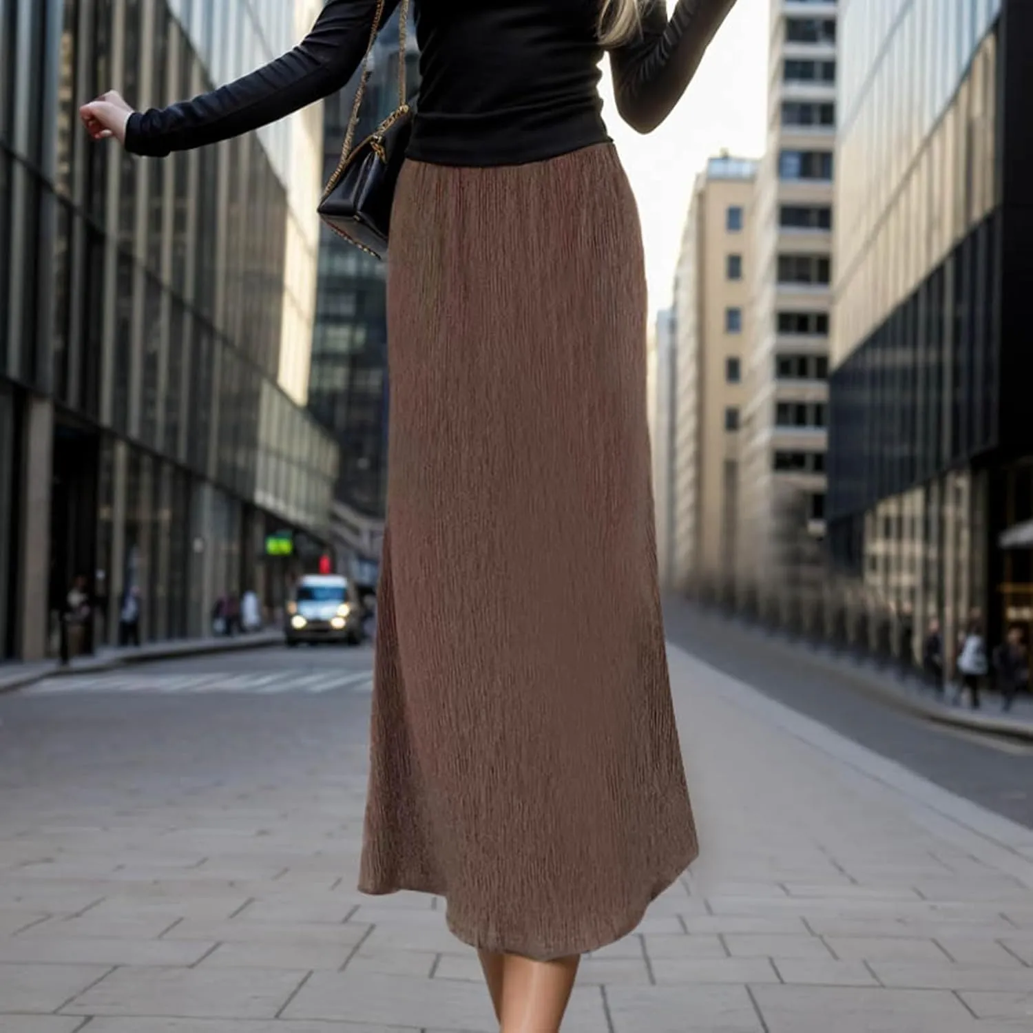 Elegant Women's High Waist Midi Skirt Vintage French Pleated A Line Flared Slimming Fashion Skirt Womens Weekend