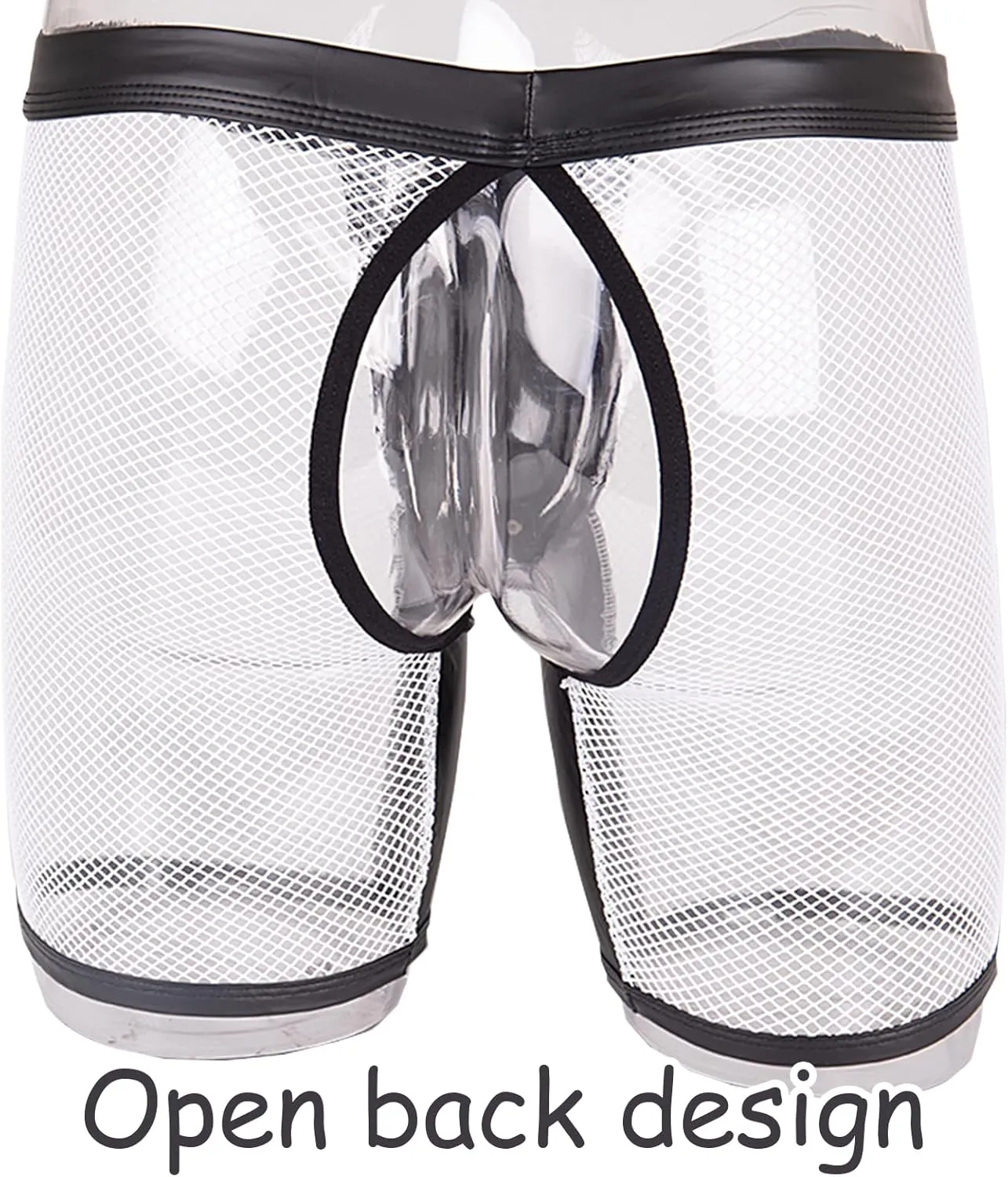 Evankin Men's See Through Sexy Mesh With Faux Leather Loose Shorts Pants Erotic Clubwear Button Removable Pouch