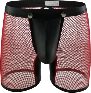 Evankin Men's See Through Sexy Mesh With Faux Leather Loose Shorts Pants Erotic Clubwear Button Removable Pouch
