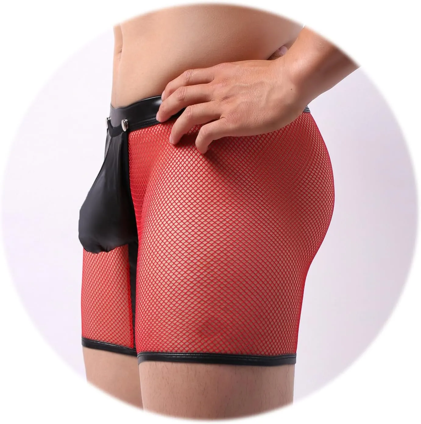 Evankin Men's See Through Sexy Mesh With Faux Leather Loose Shorts Pants Erotic Clubwear Button Removable Pouch