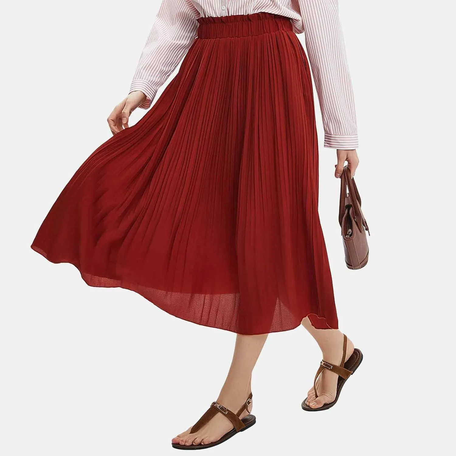 EXLURA Womens High Waist Polka Dot Pleated Maxi Skirt Midi Swing Skirt Beach Vacation Cruise Outfits with Pockets