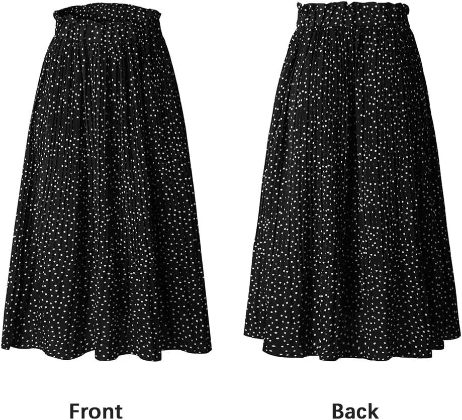 EXLURA Womens High Waist Polka Dot Pleated Maxi Skirt Midi Swing Skirt Beach Vacation Cruise Outfits with Pockets