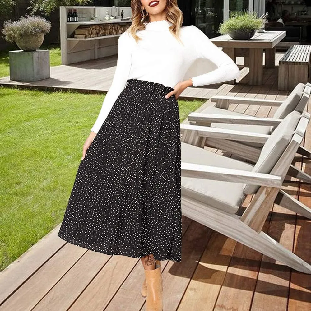 EXLURA Womens High Waist Polka Dot Pleated Maxi Skirt Midi Swing Skirt Beach Vacation Cruise Outfits with Pockets