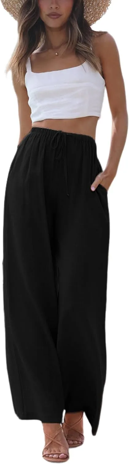 Faleave Women's Cotton Linen Summer Palazzo Pants Flowy Wide Leg Beach Trousers with Pockets