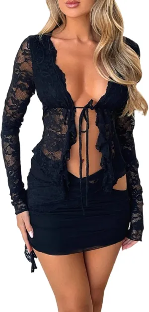 Faretumiya Women Y2k Lace 2 Piece Skirt Set See Through Mesh Lace Crop Top Bodycon Mini Skirt Set Ruffle Going Out Outfits