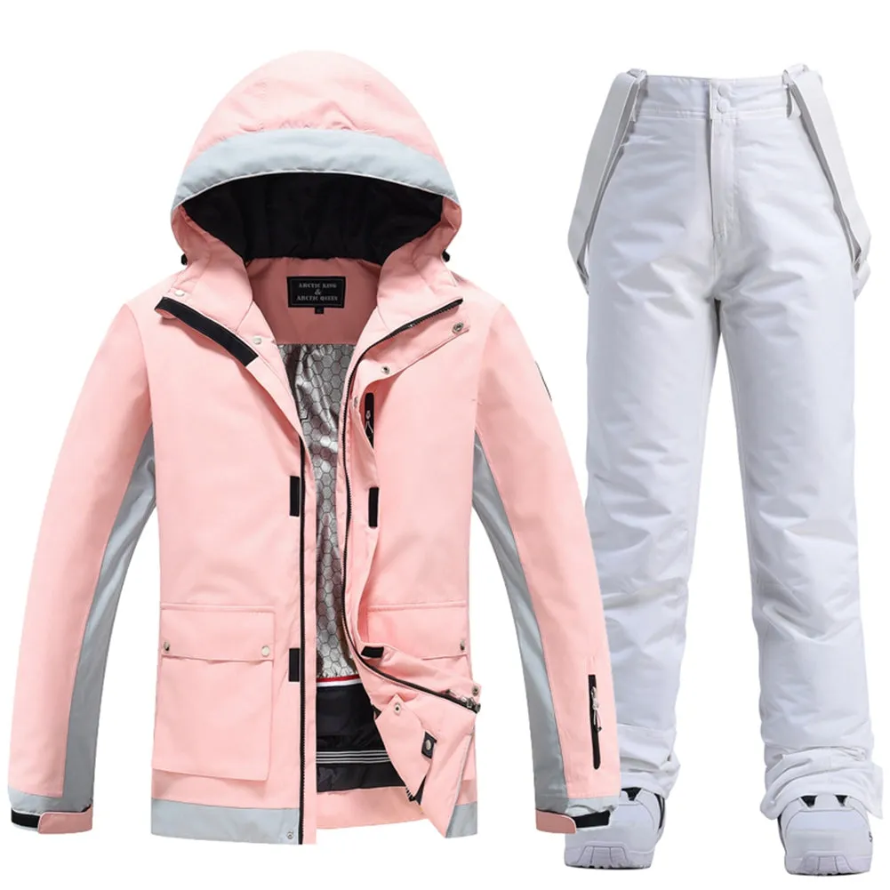 Female Windproof Pink Ski Suits Downhill Athletic Jacket & Bibs