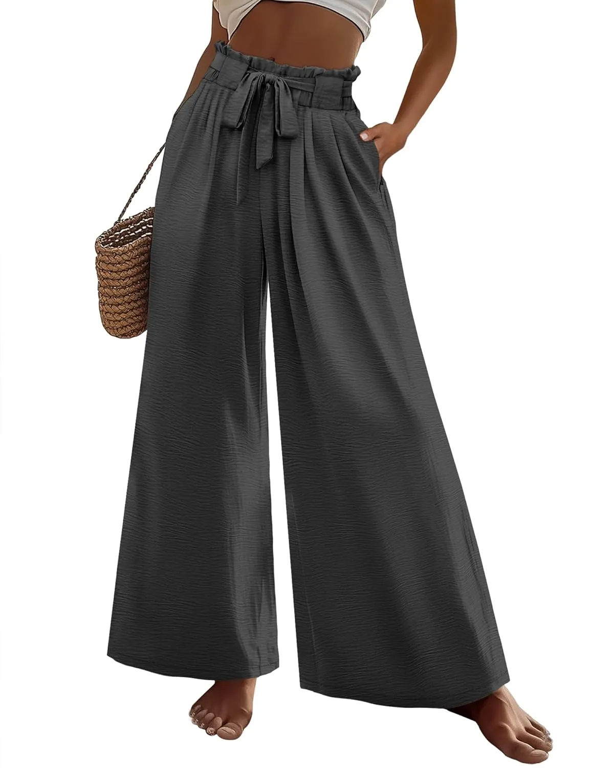 Ficerd Women's Wide Leg Pants Palazzo High Waisted Flowy Loose Casual 2025 Summer Beach Boho Baggy Trousers with Pockets