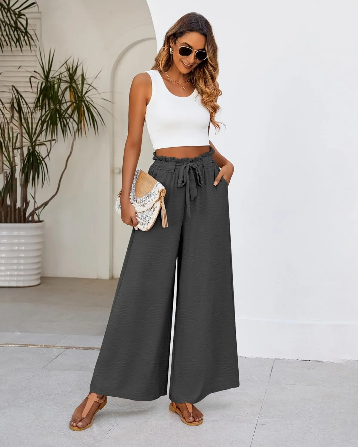 Ficerd Women's Wide Leg Pants Palazzo High Waisted Flowy Loose Casual 2025 Summer Beach Boho Baggy Trousers with Pockets