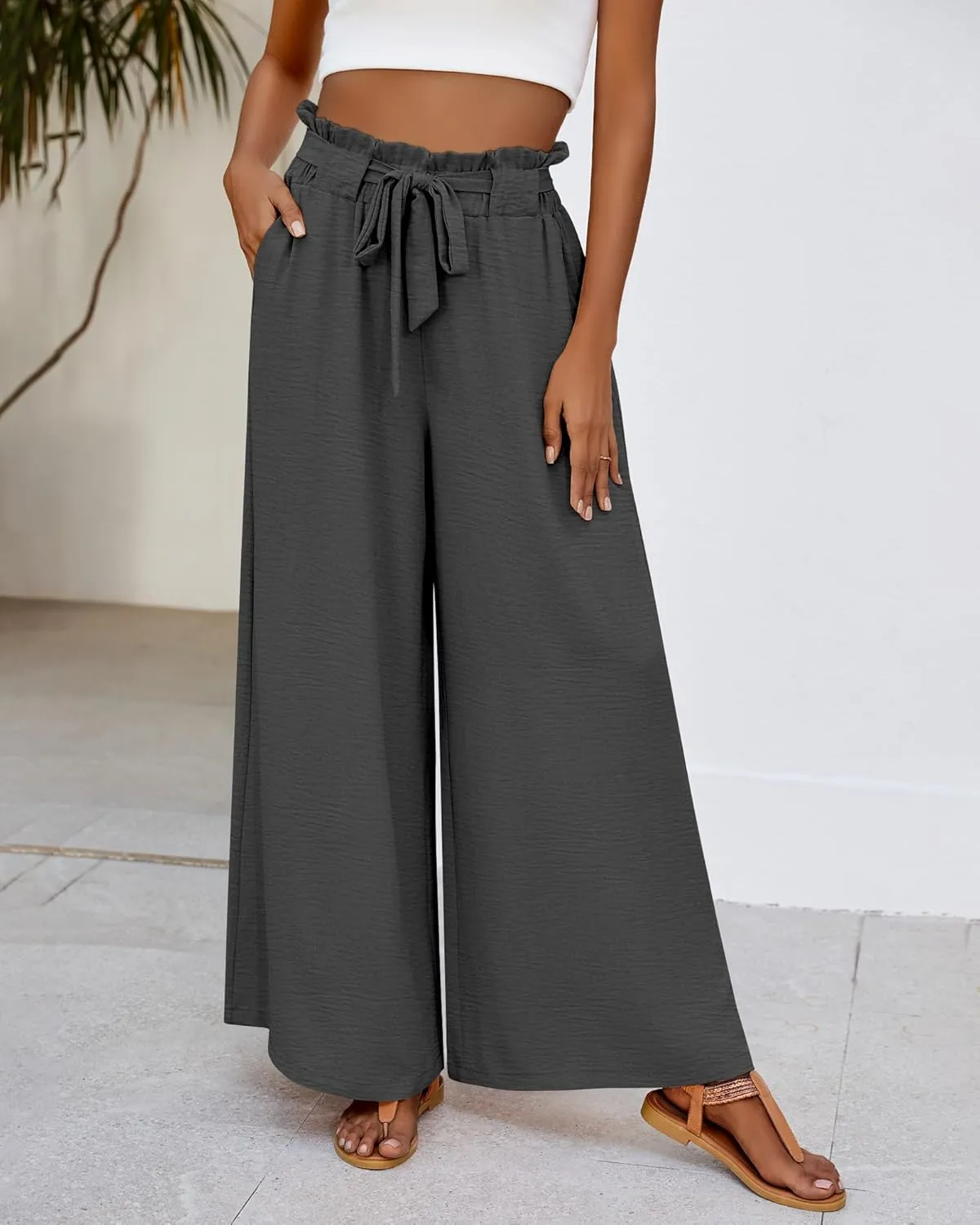 Ficerd Women's Wide Leg Pants Palazzo High Waisted Flowy Loose Casual 2025 Summer Beach Boho Baggy Trousers with Pockets