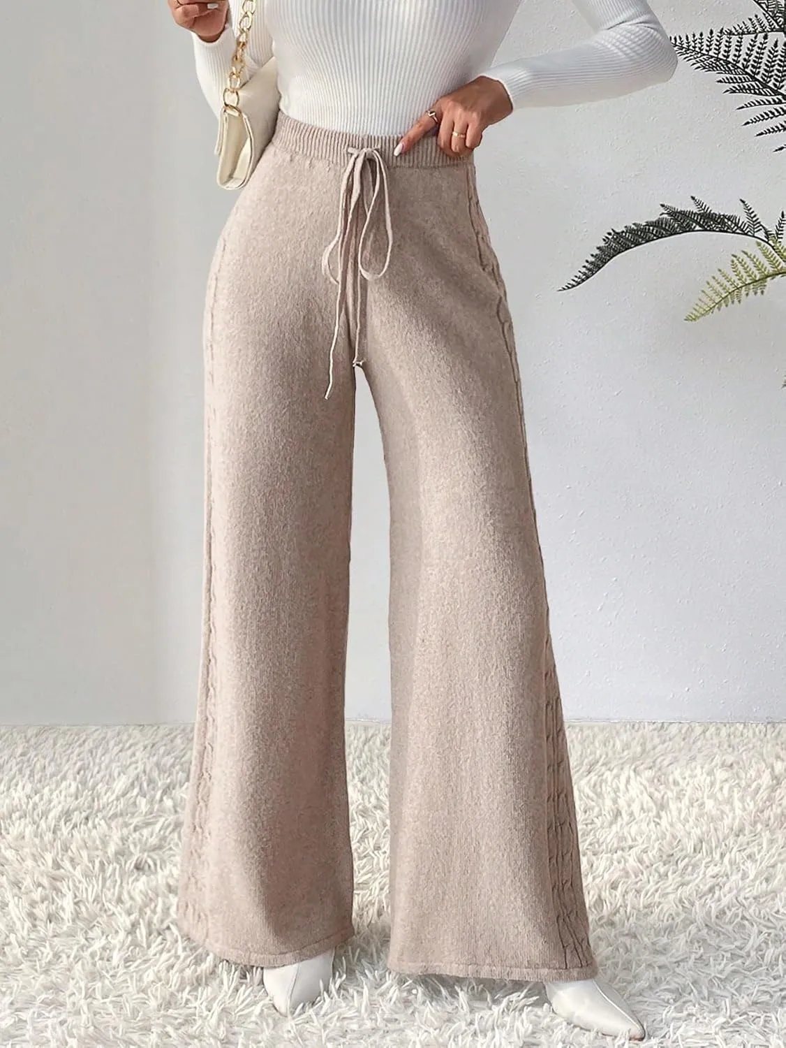 Floerns Women's Drawstring High Waist Solid Knit Pants Wide Leg Casual Long Trousers