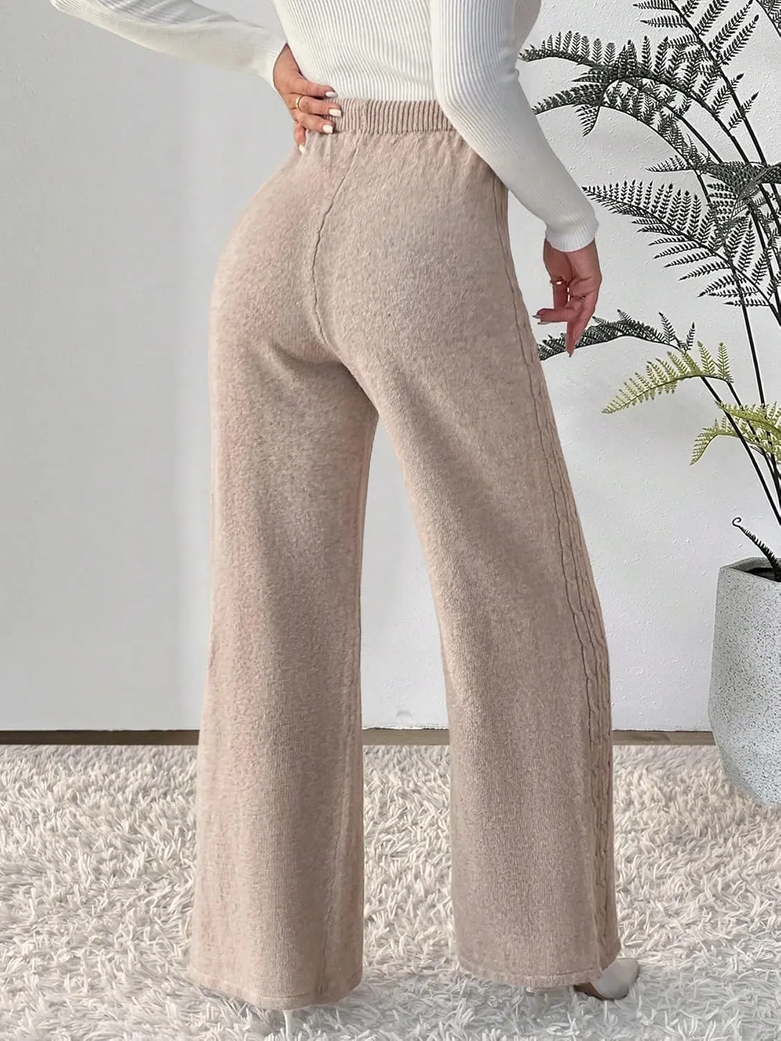 Floerns Women's Drawstring High Waist Solid Knit Pants Wide Leg Casual Long Trousers