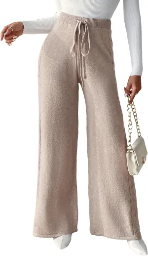 Floerns Women's Drawstring High Waist Solid Knit Pants Wide Leg Casual Long Trousers
