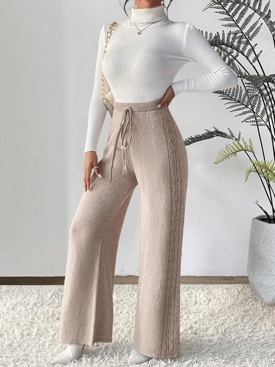Floerns Women's Drawstring High Waist Solid Knit Pants Wide Leg Casual Long Trousers