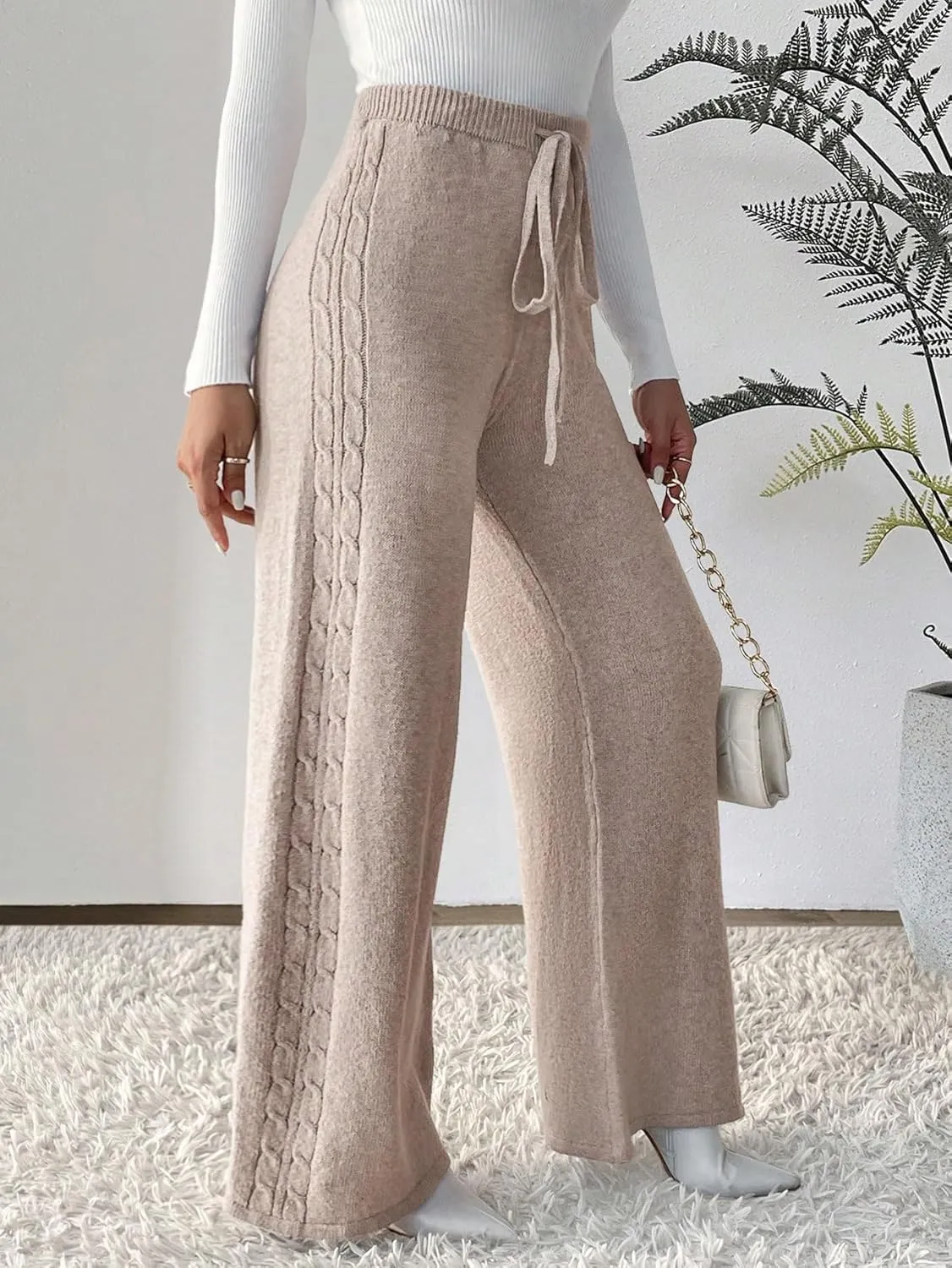Floerns Women's Drawstring High Waist Solid Knit Pants Wide Leg Casual Long Trousers