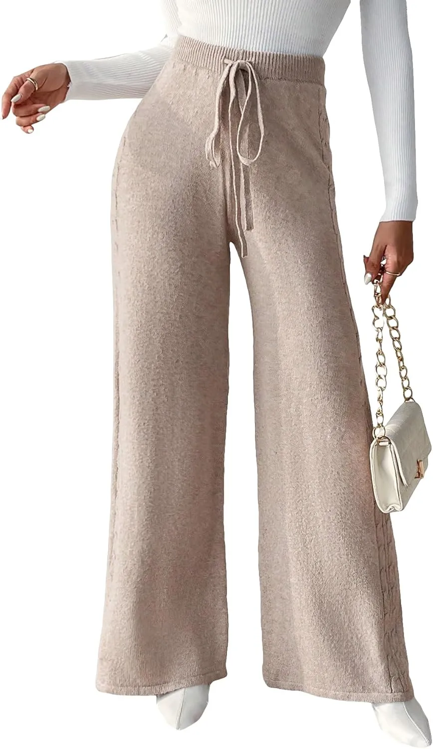 Floerns Women's Drawstring High Waist Solid Knit Pants Wide Leg Casual Long Trousers