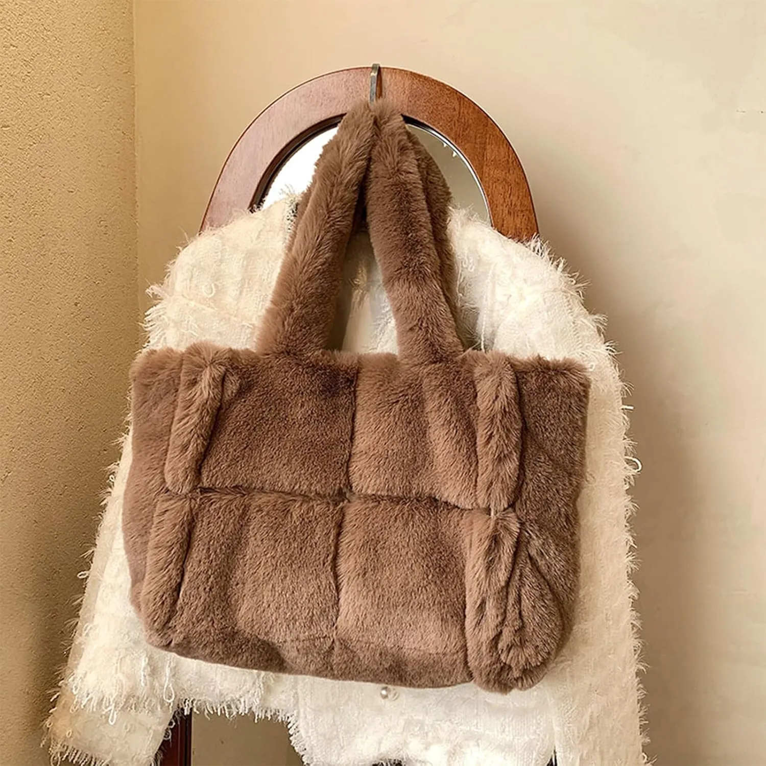 Fluffy Tote Bags Winter Furry Purse for Women Y2K Faux Fur Bag Fuzzy Shoulder Handbag