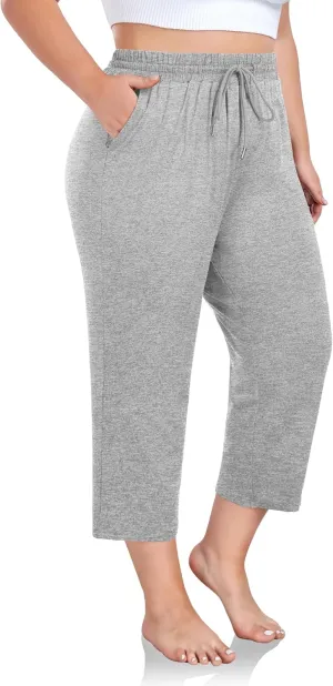 FOREYOND Plus Size Capri Pants for Women Loose Fit Yoga Pants Wide Leg Drawstring Sweat Pants Active Casual with Pockets