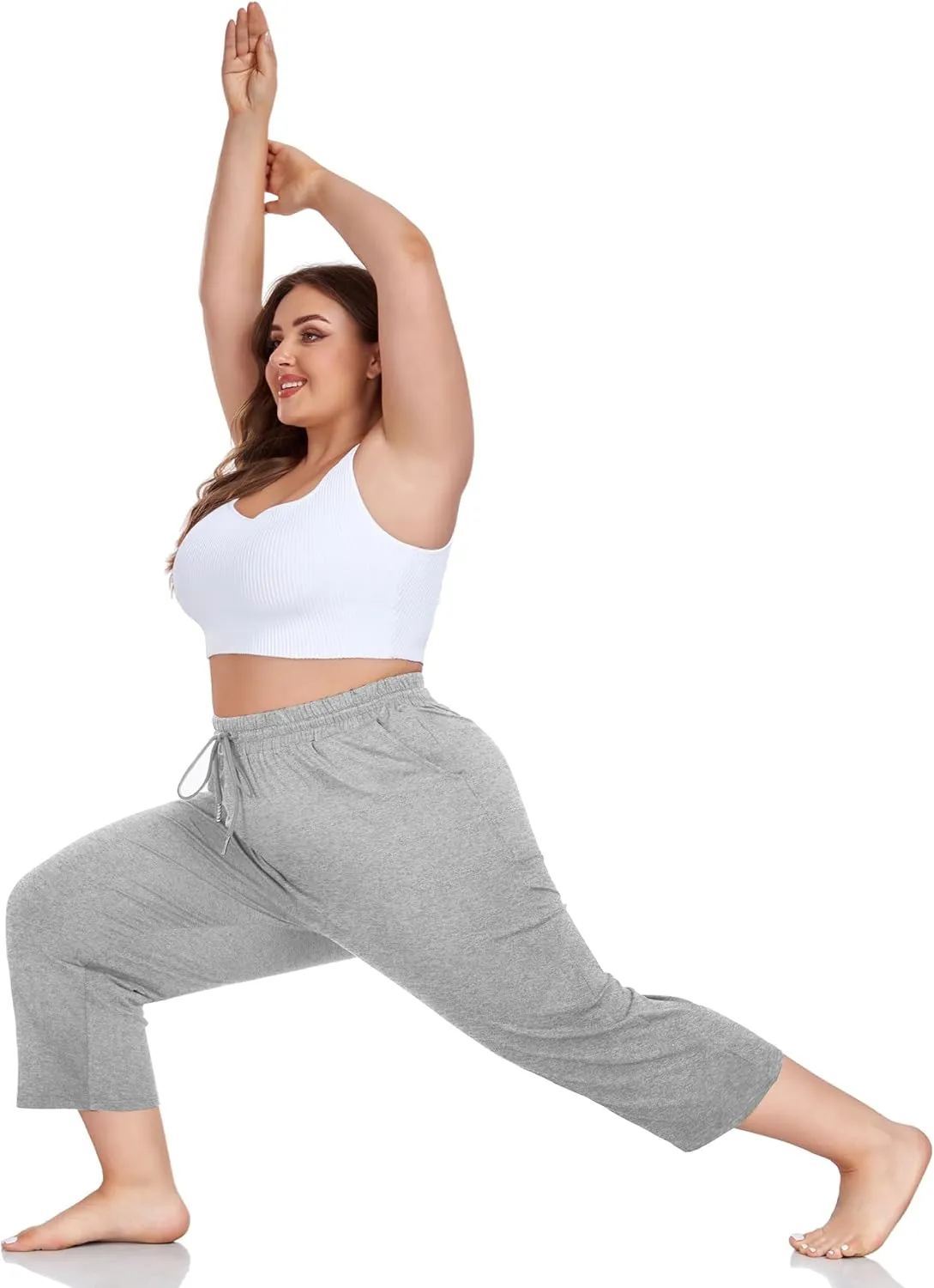 FOREYOND Plus Size Capri Pants for Women Loose Fit Yoga Pants Wide Leg Drawstring Sweat Pants Active Casual with Pockets