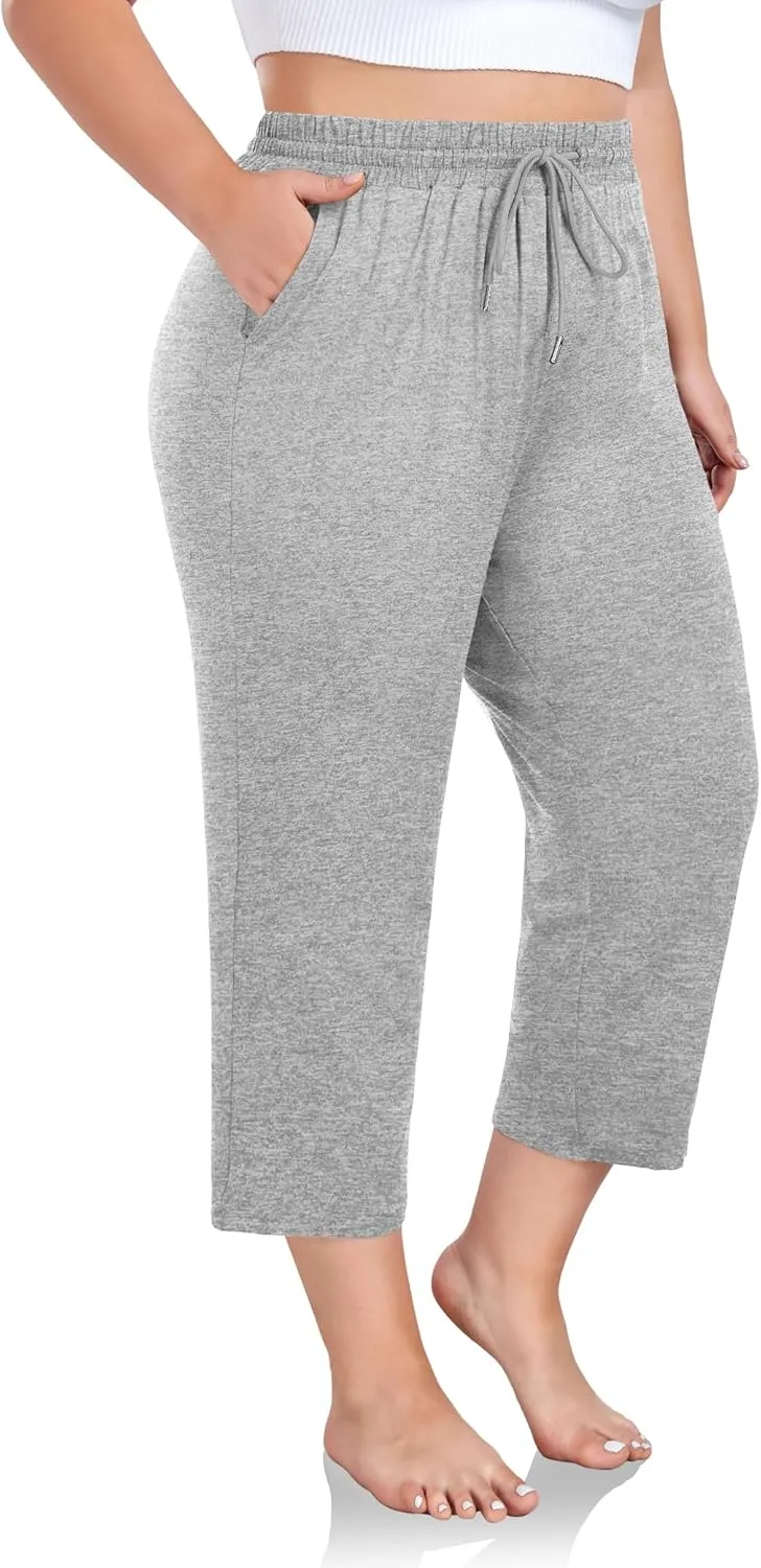 FOREYOND Plus Size Capri Pants for Women Loose Fit Yoga Pants Wide Leg Drawstring Sweat Pants Active Casual with Pockets